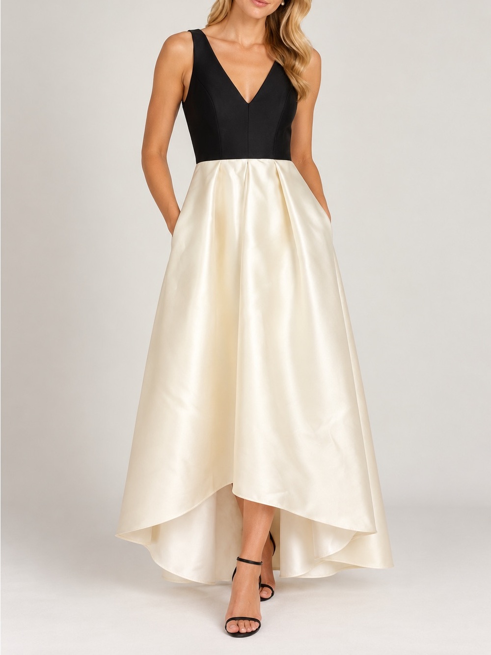 ALFRED SUNG Black and Ivory One-Shoulder Evening Gown